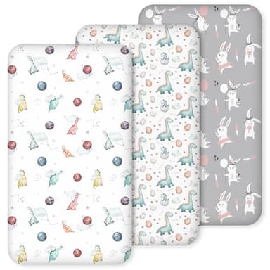 Nap Mat Sheet 47"x24", 3 Pack Dinosaur Baby Crib Sheets Fitted Elastic Corners, Preschool Day Care Rest Mat Cover, Soft Breathable - Compatible with Regalo My Cot, Joovy Travel Cot - Image 1