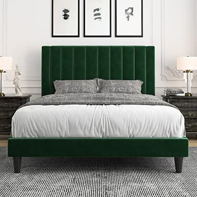 Allewie Queen Bed Frame/Velvet Upholstered Bed Frame with Vertical Channel Tufted Headboard/Strong Wooden Slats/Platform Bed Frame/Mattress Foundation/Box Spring Optional/Easy Assembly/Green - Image 1