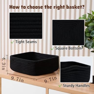 MiniArk Small Square Shallow Baskets for Organizing, 9.7x9.7x4.3 Inch Rope Woven Storage Bins for Cubes Closet, Shelves Storage, Boho Decorative Basket, 2 Packs Black - Image 2