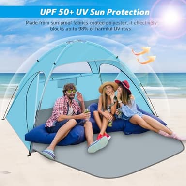Hoeada Beach Tent Sun Shelter, Beach Shade Tent with UPF 50+ UV Protection for 2-3 Person, Portable & Easy Setup Cabana, 3 Roll Up Doors & 8mm Fiberglass Rods, Carry Bag Included - Image 4