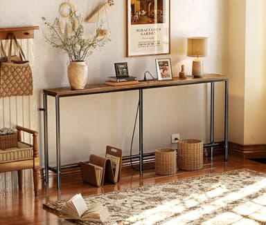 SUPERJARE 70 Inch Console Table with Outlet, Sofa Table with Charging Station, Narrow Entryway Table, Skinny Hallway Table, for Living Room, Rustic Brown - Image 6