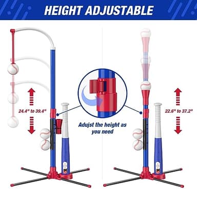 HYES 3-in-1 Baseball Set for Kids 3-5 - Tee Ball Stand, Hanging Tee, Ball Launcher and 6 Softballs - Adjustable Height, Indoor/Outdoor Sport Gifts for Boys Girls, Blue - Image 6