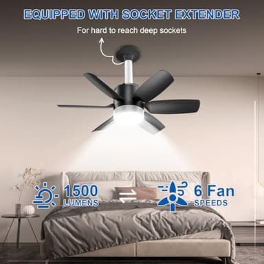 Socket Fan Light with Remote 19.7inch Socket Ceiling Fan with Light Dimmable LED Ceiling Fan,3 Colors 6500K,1500 Lumens Bulb for Garage, Bedroom, Kitchen, Living Room, and Closet Black - Image 3