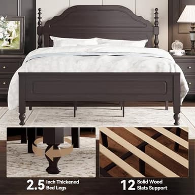 BedsPick Solid Wood Bed Frame Queen Size, Wooden Retro Style Queen Bed Frame with Headboard and Footboard, Heavy Duty Bed Frame with 12 Wood Slats Support,No Box Spring Needed,Noiseless, Dark Brown - Image 3