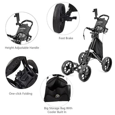 FLAGTAG Golf Push Cart 4 Wheels,Folding Golf Cart, Golf Pull cart with Cup Holder,Umbrella Holder,Cooler Bag, Foldable with one-Click,Handle Height Adjustable,Drink Holder,Walking Push cart - Image 3