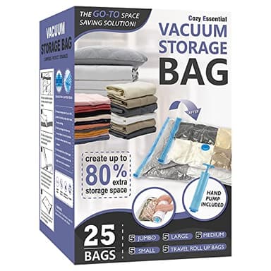 25 Pack Vacuum Storage Bags, Space Saver Vacuum Storage Bags, Vacuum Seal Bags for Clothing, Clothes, Comforters and Blankets, Hand Pump Included - Image 1