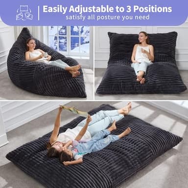 Hobestluk 3 in 1 Bean Bag Chair Giant Bean Bag Chairs Convertible Bean Bag Floor Cushion with Machine Washable Cover, Beanbag Chairs for Adult (Dark Grey) - Image 3