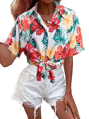 MYHALF Women Hawaiian Shirt Soft Cool Summer Hawaii Shirts Floral Tropic Print V Neck T-Shirt Short Sleeve Button Up Tops - Image 4