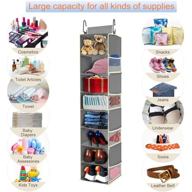 roomtalk Large-Sized Hanging Shoe Organizer 8-Shelf, Hanging Closet Organizer with 8 Side Pockets, Wider Hanging Shelves for Storage Shoes Clothes 9" W × 11.8" D× 48" H, Grey - Image 6