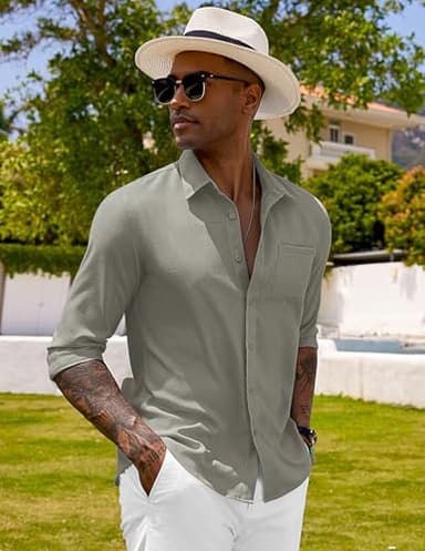 COOFANDY Mens Button Down Shirts Long Sleeve Cotton Linen Shirts Casual Textured Button Up Shirt Wedding Dress Shirts Light Grey - Image 3