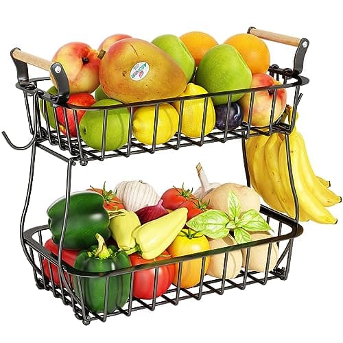 ANTOPY 2 Tier Fruit Basket with 2 Banana Hangers, Countertop Fruit Vegetable Basket Bowl for Kitchen Counter Metal Wire Fruits Storage Stand Holder Organizer for Bread Snack Veggies Produce - Image 1