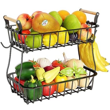 ANTOPY 2 Tier Fruit Basket with 2 Banana Hangers, Countertop Fruit Vegetable Basket Bowl for Kitchen Counter Metal Wire Fruits Storage Stand Holder Organizer for Bread Snack Veggies Produce - Image 1
