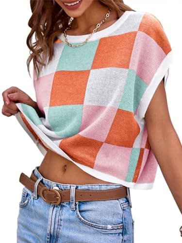 Saodimallsu Womens Cap Sleeve Crop Tops Summer Color Block Going Out Crew Neck Knit Trendy Casual Sweater A-Pink - Image 3