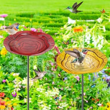 KHayRovies 2Pcs Metal Bird Baths for Outside, Hummingbird Small Birdbath Bowl for Outdoors with Metal Stake, Bird Feeder for Garden Yard Lawn Decor (Red & Yellow) - Image 1