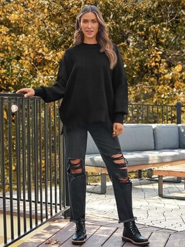 LILLUSORY Women's Oversized Batwing Sweaters 2025 Fall Outfits Trendy Crewneck Knit Side Slit Fashion Pullover Tops Black L - Image 6