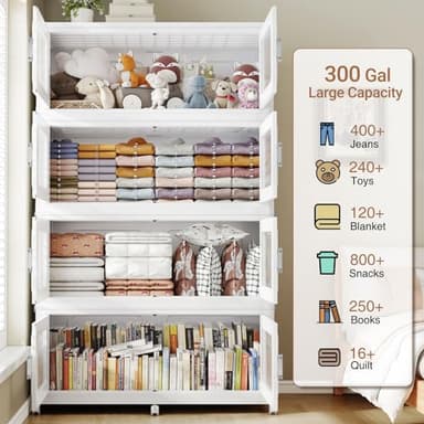 BROVIEW 300Gal Extra Large Storage Bins with Lid, 1200Qt Plastic Stackable Storage Bins with Wheels, Collapsible Closet Organizer and Storage Drawers, Storage Cabinets for Home, Office, 4 Pack, White - Image 5