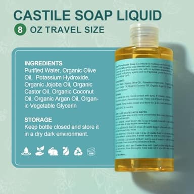 Yoken Pure Castile Liquid Soap Organic (EWG Verified, Unscented, 8 OZ), Made with Organic Oils, No Added Fragrance, Vegan, Castile Soap Liquid for Face, Laundry, Dishes, Sensitive Skin, Travel Soap - Image 6