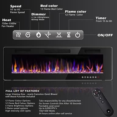 BOSSIN 72 inch Ultra-Thin Silence Linear Electric Fireplace, Recessed Wall Mounted Fireplace, Fit for 2 x 4 and 2 x 6 Stud, 12 Adjustable Flame Color & Speed,Touch Screen Remote Control with 8h Timer - Image 4