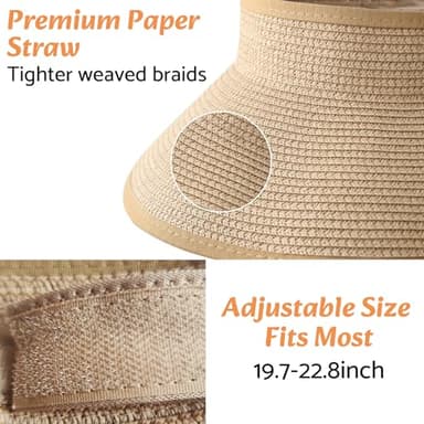 NPQQUAN Sun Visor Hats for Women Wide Brim Ponytail Straw Beach Hat Packable Foldable UPF 50+ Floppy Travel Hats Khaki - Image 6