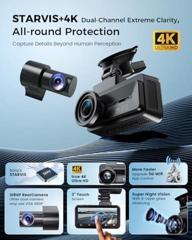 COOLCRAZY 4K Dash Cam Front and Rear with Touch Screen & STARVIS Sensor,5.8Ghz Wi-Fi,GPS,64GB Card,Night Vision Dashcam,G-Sensor,Loop Recording,App Control,24H Parking Monitor Car Camera - Image 2