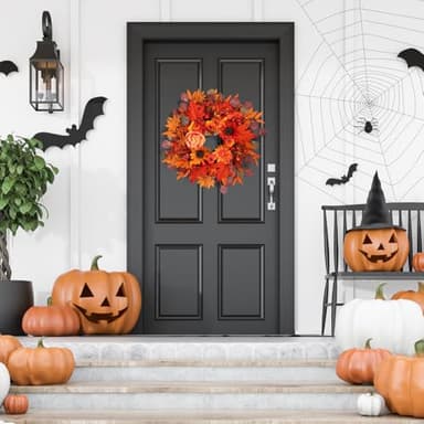 24" Fall Wreath for Front Door Outside - Sunflower, Pumpkin, Berry & Maple Leaves | Weatherproof Autumn Outdoor Wreaths with Hanger Hook for Thanksgiving, Harvest - Image 8