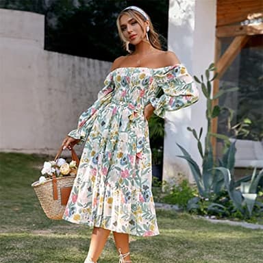 Amegoya Women's Boho Flowy Long Sleeve Midi Dress Tiered Smocked Square Neck Floral Maternity Dress(A-Floral L) - Image 3