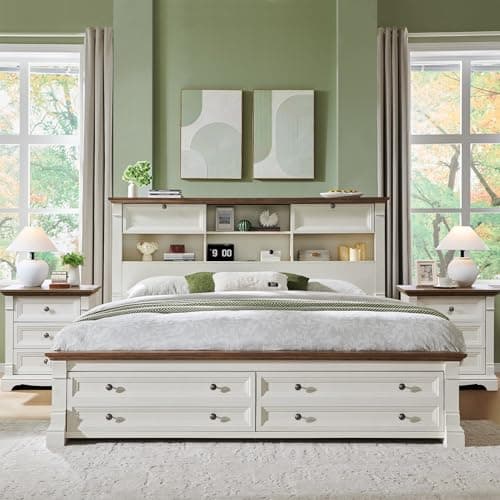 Farmhouse King Size Bed Frame with 54" Tall Storage Bookcase Headboard, Wood Platform Bed Frame with 2 Drawers & 18" Tall Roman Column Decoration Footboard, No Box Spring Needed(Antique White) - Image 1