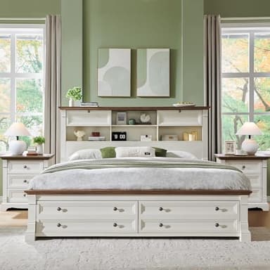 Farmhouse King Size Bed Frame with 54" Tall Storage Bookcase Headboard, Wood Platform Bed Frame with 2 Drawers & 18" Tall Roman Column Decoration Footboard, No Box Spring Needed(Antique White) - Image 1