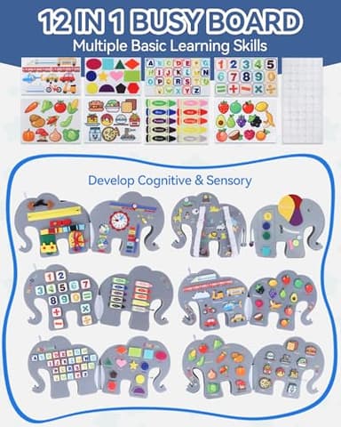 Heypappy Busy Board, 12 in 1 Educational Busy Book Learning Sensory Toys for Toddlers with Fine Motor Skills, Busy Book Toys with Backpack Strap, Elephant Shape - Image 2