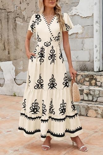 PRETTYGARDEN Womens 2025 Summer Casual V Neck Boho Maxi Dress Flowy Aline Bell Sleeve Tiered Floral Dresses with Pocket (Floral Apricot Black,X-Large) - Image 3