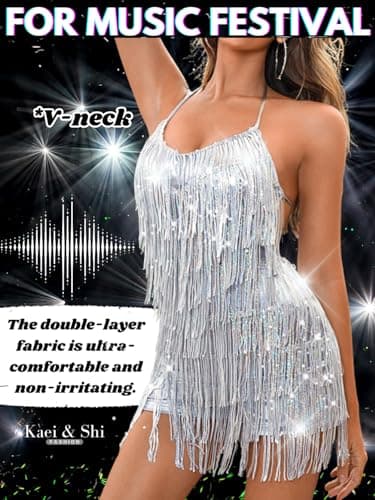 Kaei&Shi Sequin Fringe Romper,Sparkly Glitter Metallic Jumpsuits For Women,Backless Shorts Dress Disco Birthday Dance Outfit,Silver,Medium - Image 6