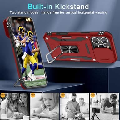 DEERLAMN Case for iPhone 16 Pro Max with Slide Camera Cover+Screen Protector (1 Pack), Rotated Ring Kickstand Military Grade Shockproof Protective Cover-Red - Image 4