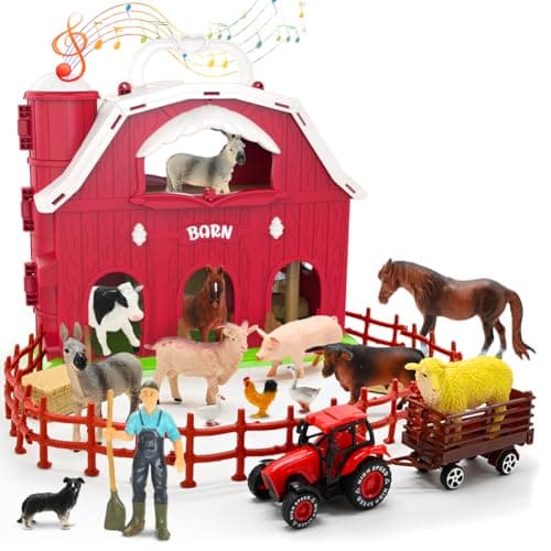 Big Red Barn Toys for Toddlers 1-3, Farm Animal Figures Playset with Tractor for 2 3 4 5 Year Old Kids, Musical Preschool Montessori STEM Learning Toys, Christmas Birthday Easter Gift for Boys Girls - Image 1