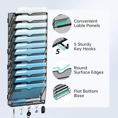 SUPEASY 13-Tier Wall File Organizer, Wall File Holder with Hooks, Mesh Hanging File Organizer, Mail Organizer Wall Mounted for Papers, Folders, Office Magazine Rack, Assembly Needed, Black - Image 5