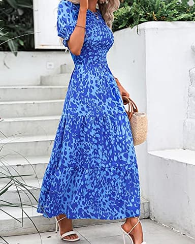 BTFBM Women Casual Summer Dresses 2025 Spring Crew Neck Ruffle Short Sleeve Floral Print Smocked Boho Flowy Maxi Dress(Print Blue, Large) - Image 4