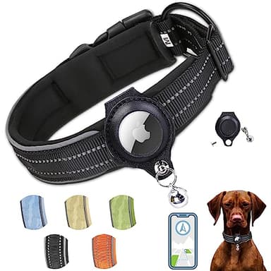 Arojore Reflective AirTag Dog Collar, Heavy Duty Padded Puppy Collar with AirTag Holder, Adjustable Air Tag Pet Collar for Small Medium Large Dogs, Black, L - Image 1