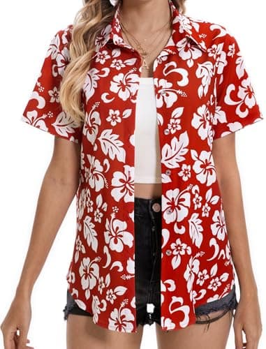 Hawaiian Shirts for Women, Summer Tropical Shirts Womens Floral Tops Beach Button Up Shirts for Women Luau Outfits Hawaii Short Sleeve Blouses for Ladies, Aloha Shirt for Party, Flower Red, Small - Image 3