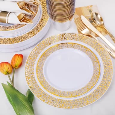 WELLIFE 175Pcs Gold Dinnerware Sets, Include:25 Dinner Plates, 25 Dessert Plates, 25 Paper Napkins, 25 Cups, 25 Plastic Cutlery Set - Image 5