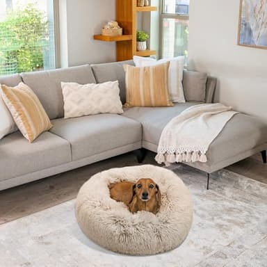 Best Friends by Sheri Original Calming Donut Dog and Cat Bed, Shag Faux Fur, Taupe, (23in x 23in) - Anxiety Relief for Pets Up to 25 lbs - Image 7