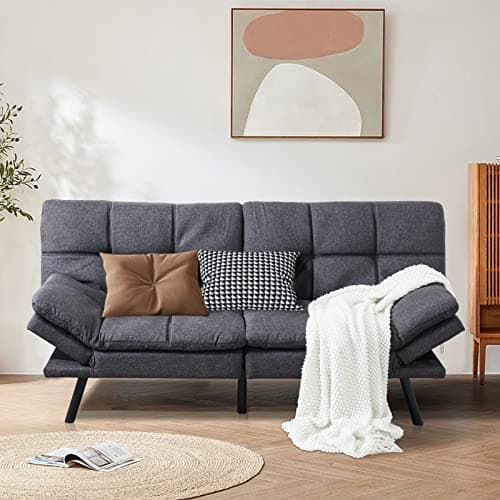 Opoiar Futon Convertible Sofa Bed With Memory Foam - Sleeper Loveseat, Breathable Linen, Adjustable Lounge Couch With Metal Legs for Compact Living Spaces, Dark Grey - Image 1