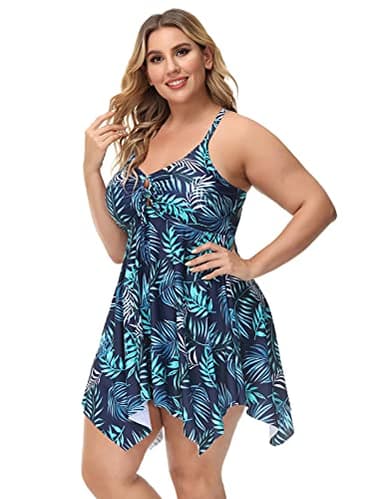 Women's Crisscross Back Floral High Waist Tankini Swimwear Two Piece Swimsuits 20W Blue Leaves - Image 4