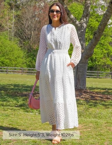 ZESICA Women's 2025 Fall Long Sleeve Maxi Dress V Neck Hollow Out Eyelet A Line Long Flowy Casual Party Dresses White Medium - Image 9