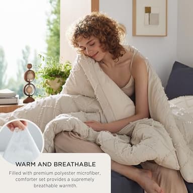 Bedsure Twin/Twin XL Comforter Set - Beige Comforter, Boho Tufted Shabby Chic Bedding, 2 Pieces Vintage Farmhouse Bed Set for All Seasons, Fluffy Soft Bedding with 1 Pillow Sham - Image 4