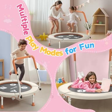 BCAN 36'' Toddler Trampoline, ASTM Certified-Foldable Mini Trampolines for Kids Ages 1-6, Adjustable Handle, Safety Pad & Foldable Legs, Baby Trampoline Indoor/Garden, Gift for Boy and Girl, Beige - Image 7