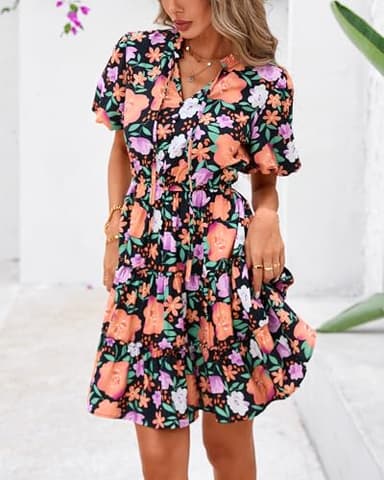 BTFBM Women Summer Floral Short Dresses V Neck Short Sleeve Tiered Ruffle Boho Swing Dress A-Line Mini Dresses(Black Orange Yellow Floral,Small) - Image 4