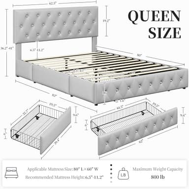 Yaheetech Queen Bed Frame with Adjustable Diamond Button-Tufted Headboard/3 Drawers Storage, Queen Platform Bed/Strong Wooden Slats, Light Gray - Image 2