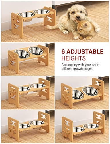 Vantic Elevated Dog Bowls, Adjustable Raised Dog Bowl Stand for Small Puppy and Cats, Sturdy Bamboo Pet Food Feeder with 2 Stainless Steel Dishes, Natural - Image 3