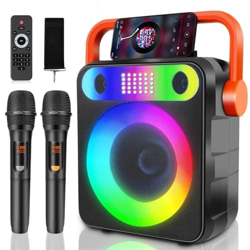 DFTRT Karaoke Machine with Two Wireless Microphones, Portable Bluetooth Speaker with Strobe Lights, Karaoke Machine for Adults & Kids, Karaoke Speaker Supports TF Card/USB, AUX in, FM, REC,TWS - Image 1