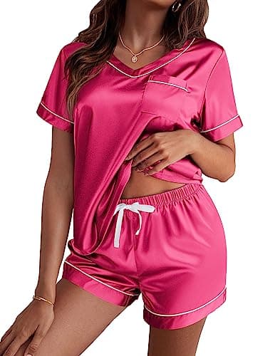 Ekouaer Silk Pajama for Women Short Sleeve Satin Pj Set Two Piece Soft Sleepwear Loungewear Casual Pjs for Summer Rose Red Medium - Image 1