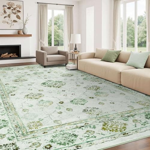 FinRèc 6x9 Rugs for Living Room, Washable Vintage Floral Bedroom Rug, Non-Slip Low Pile Area Rug, Ultra-Thin Foldable Accent Indoor Carpet for Kitchen Dining Room Kids Room Home Office - Green - Image 1